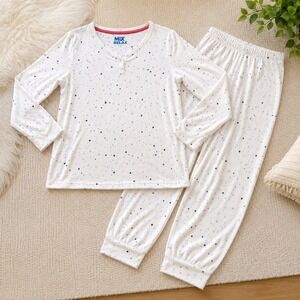 Muk Luks Pajama Set Womens PM White Blue Star Print Jogger Lounge Sleepwear